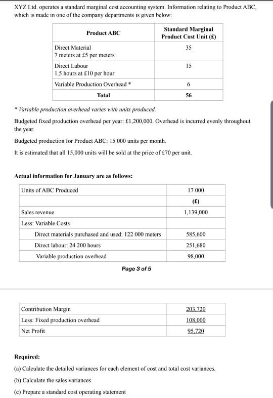 Solved XYZ Ltd. operates a standard marginal cost accounting | Chegg.com