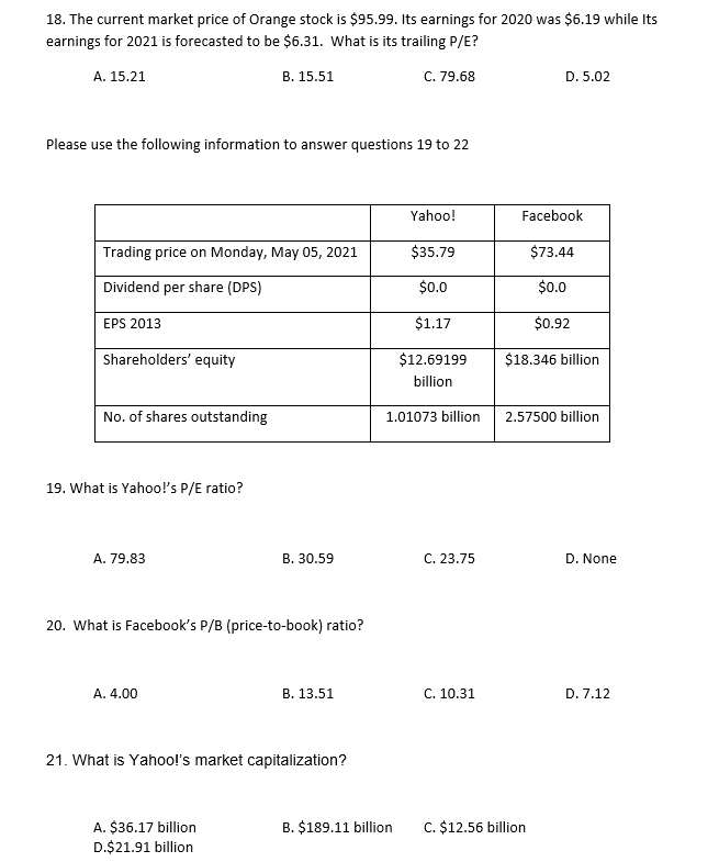 Solved 18. The current market price of Orange stock is | Chegg.com