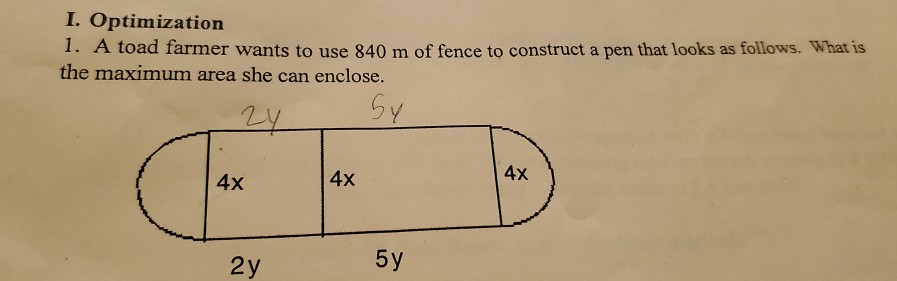 Solved I. Optimization 1. A toad farmer wants to use 840 m | Chegg.com