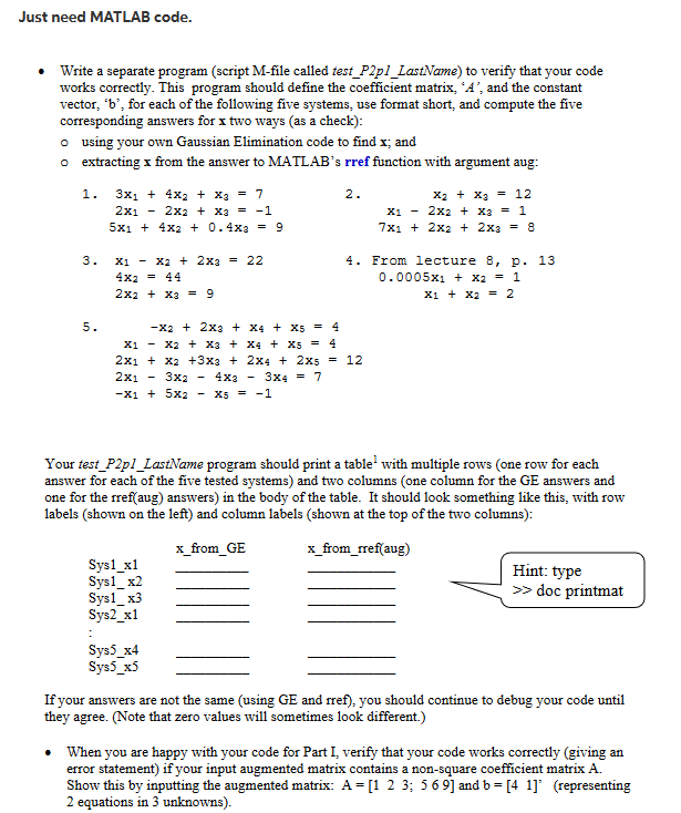 Just need MATLAB code. Write a separate program | Chegg.com