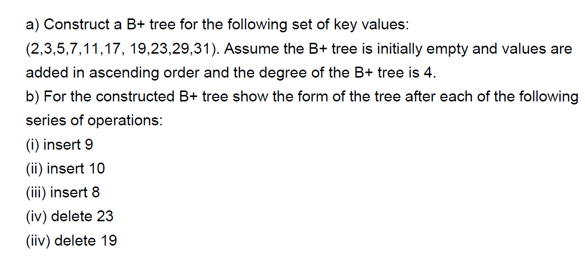 Solved A) Construct A B+ Tree For The Following Set Of Key | Chegg.com