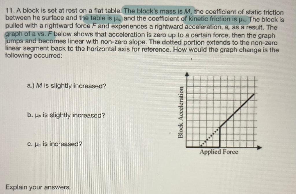 Solved 11. A block is set at rest on a flat table. The | Chegg.com