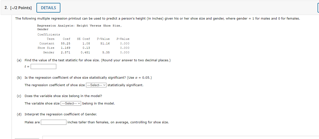 Solved Regression Analysis: Height Versus Shoe Size, Gender | Chegg.com