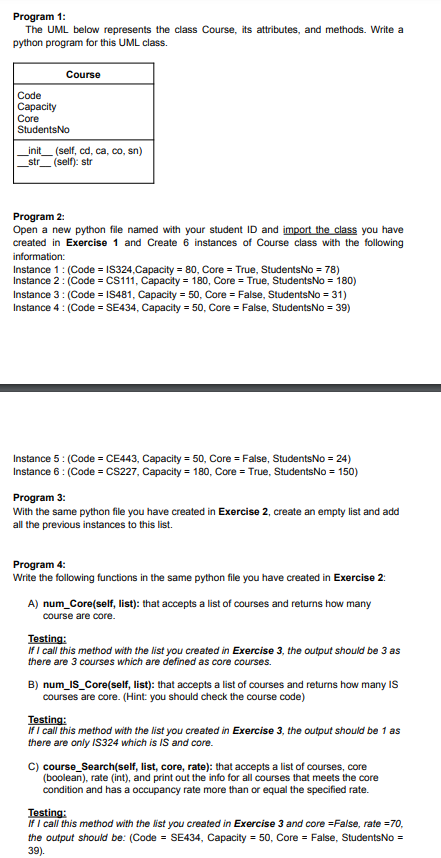 Solved Program 1: The UML below represents the class Course, | Chegg.com