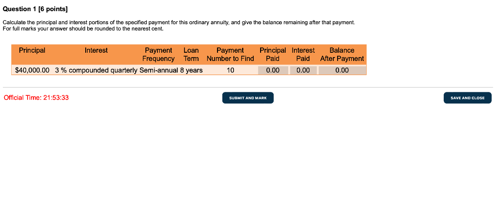 Calculate the principal and interest portions of the specified payment for this ordinary annuity, and give the balance remain