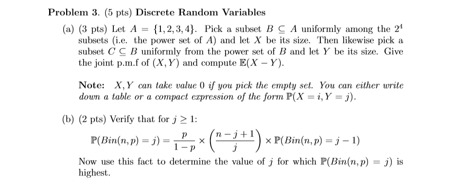 Solved Problem 3. (5 pts) Discrete Random Variables (a) (3 | Chegg.com