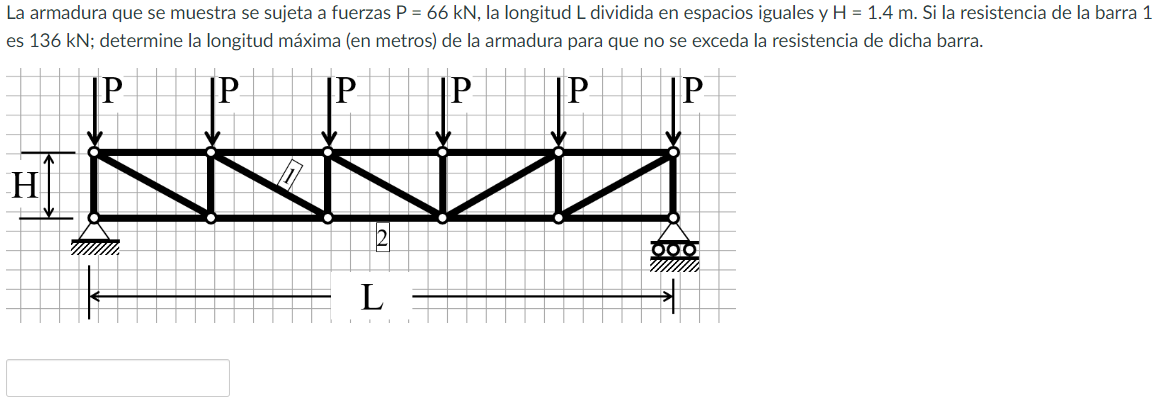 La armadura que se muestra se sujeta a fuerzas \( \mathrm{P}=66 \mathrm{kN} \), la longitud \( \mathrm{L} \) dividida en espa