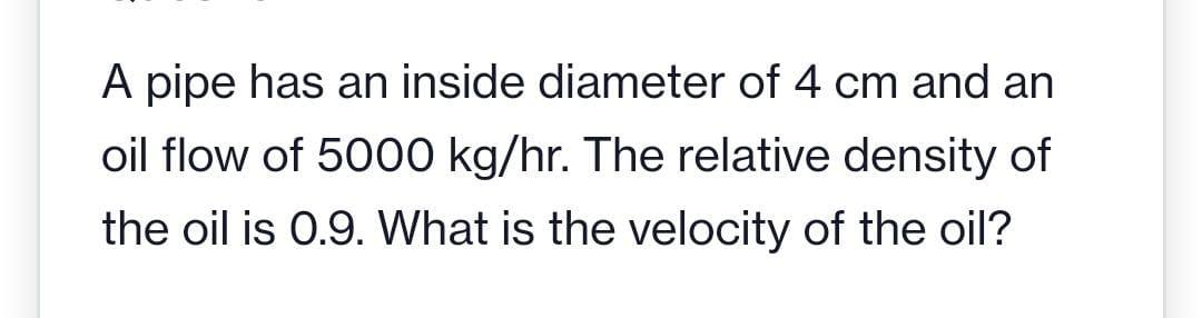 Solved A pipe has an inside diameter of 4 cm and an oil flow | Chegg.com