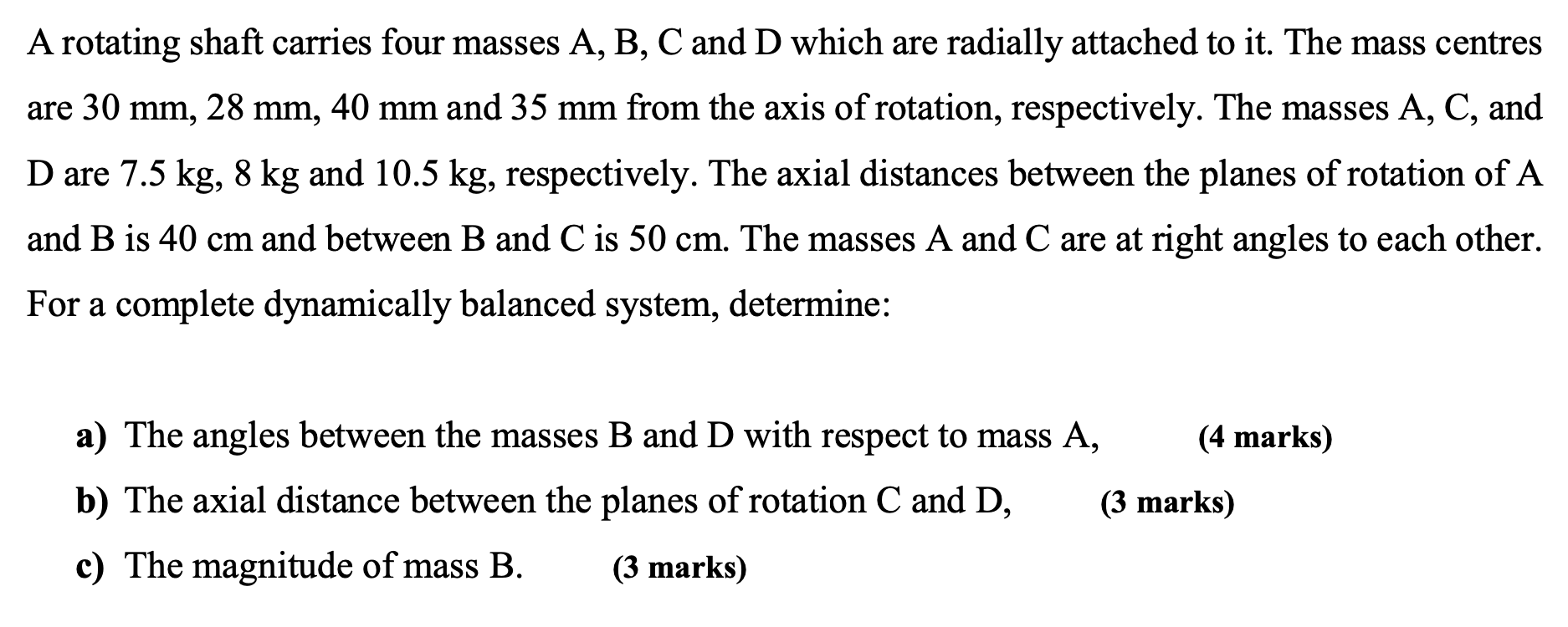 Solved A rotating shaft carries four masses A, B, C and D