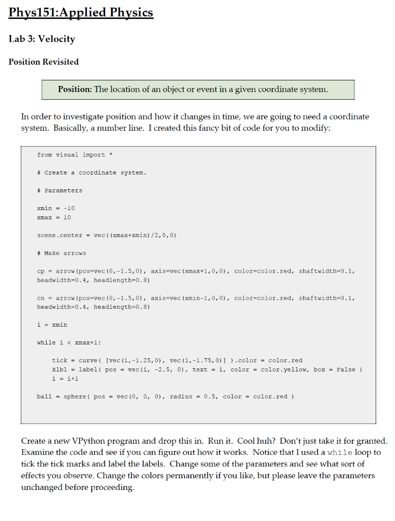 Phys151:Applied Physics Lab 3: Velocity Position | Chegg.com