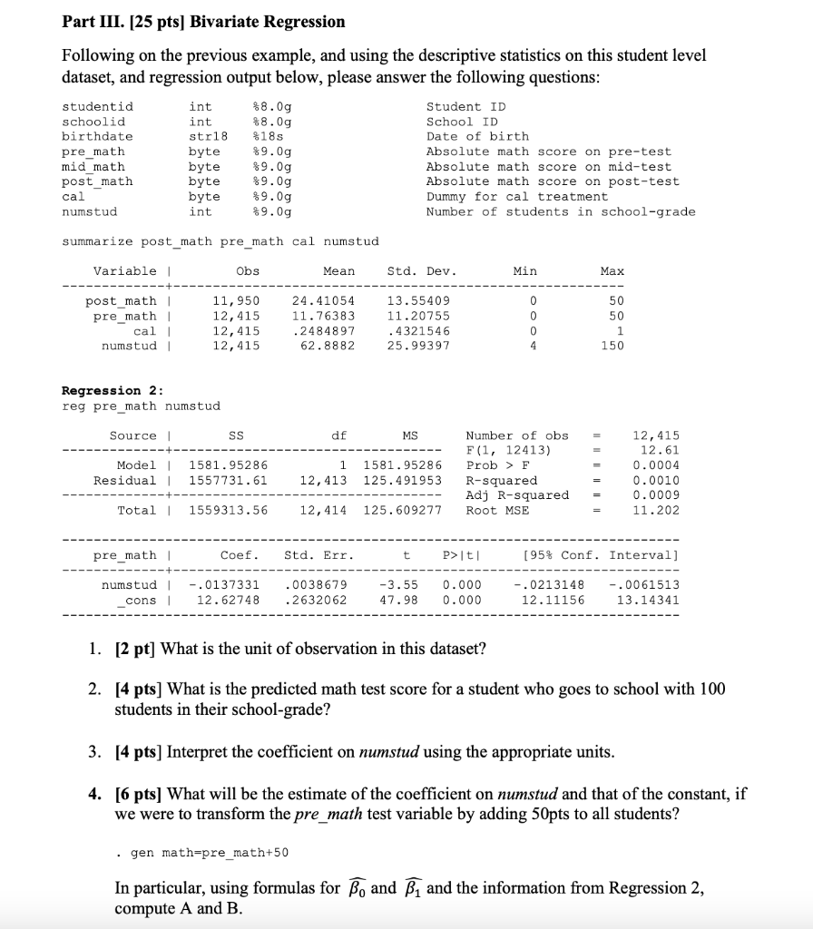 Solved Part III. [25 pts] Bivariate Regression Following on | Chegg.com