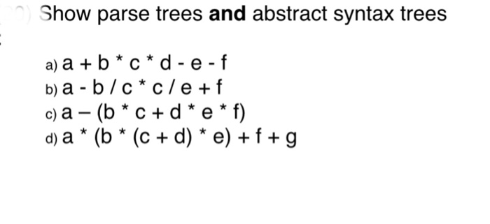 Show parse trees and abstract syntax trees a) a +b | Chegg.com
