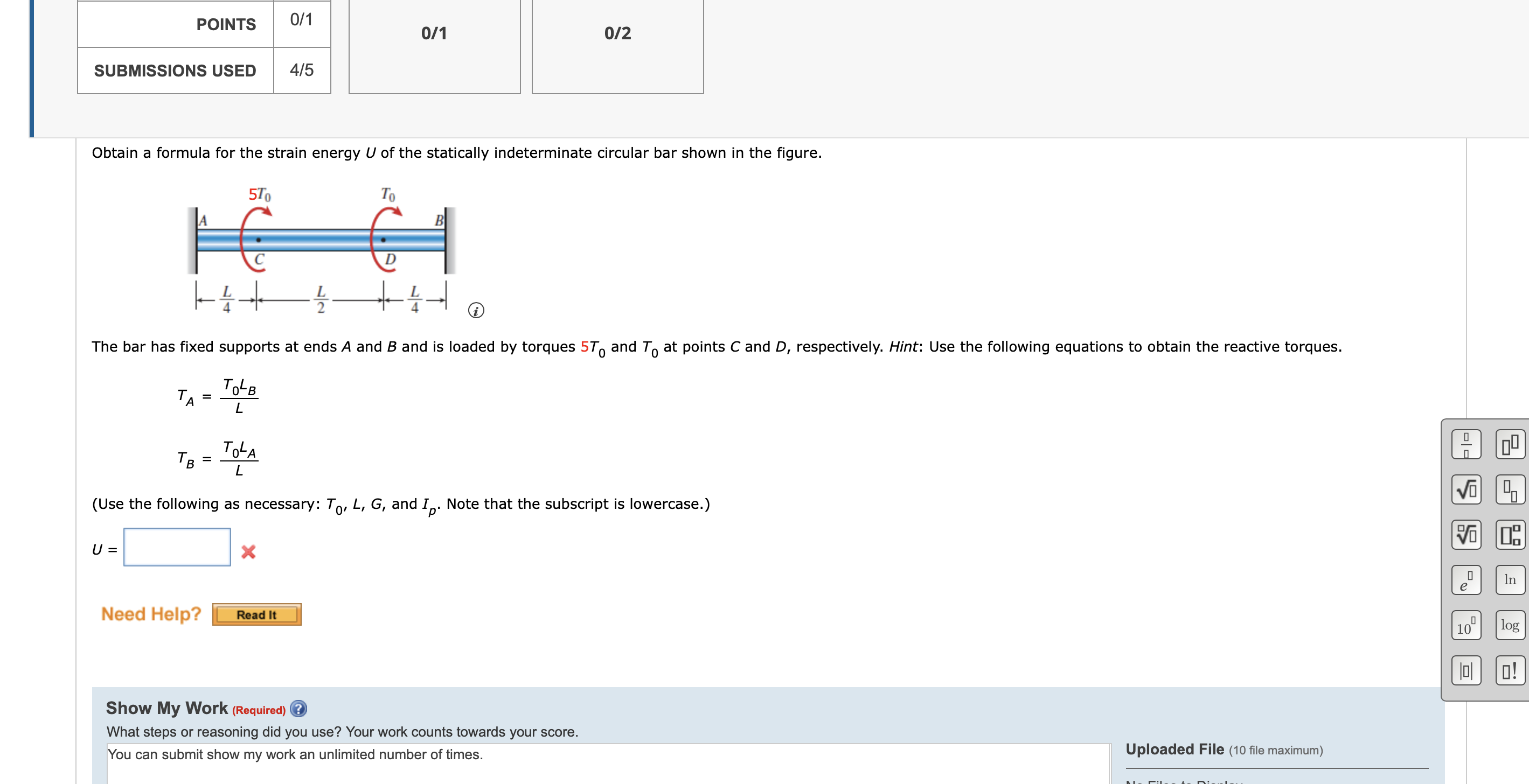 Solved Obtain A Formula For The Strain Energy U Of The | Chegg.com