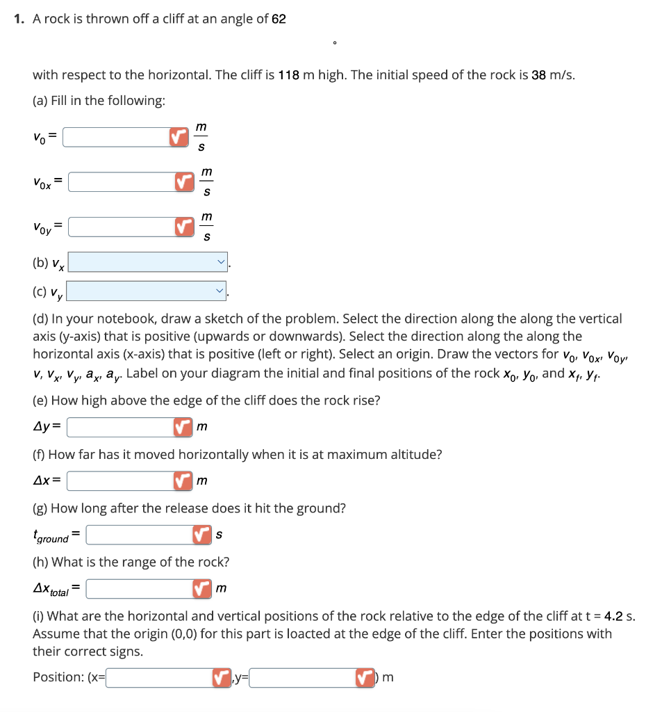Solved 1. A rock is thrown off a cliff at an angle of 62 | Chegg.com