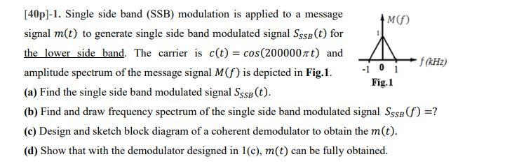Solved [40p)-1. Single side band (SSB) modulation is applied | Chegg.com
