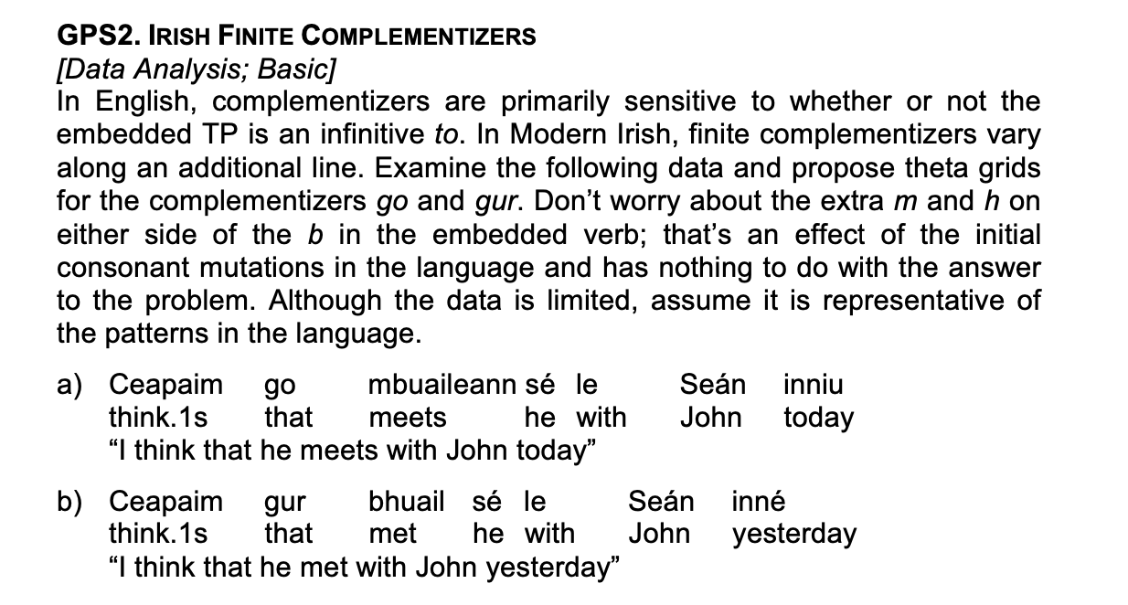 GPS2. IRISH FINITE COMPLEMENTIZERS [Data Analysis; | Chegg.com