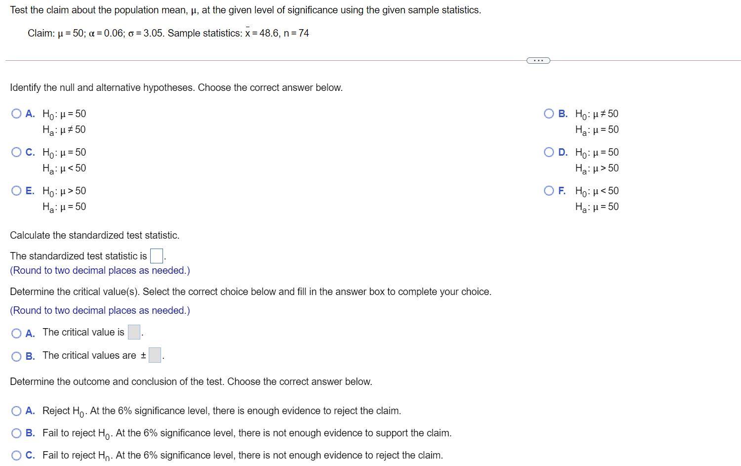 Solved Test the claim about the population mean, p, at the | Chegg.com