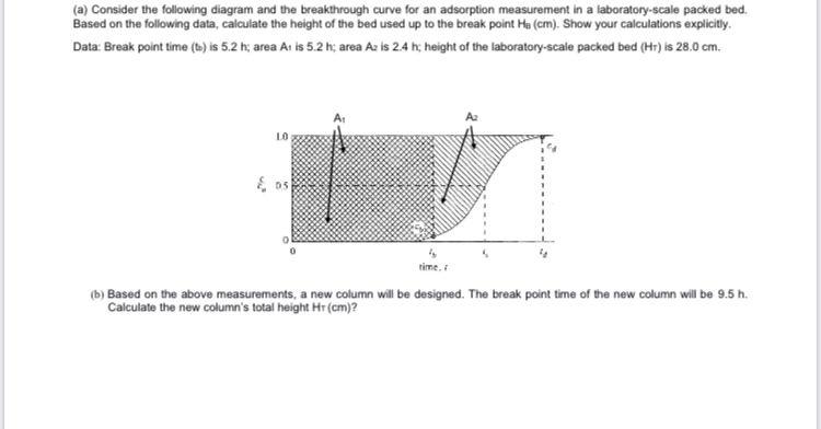 (a) Consider the following diagram and the breakthrough curve for an adsorption measurement in a laboratory-scale packed bed.