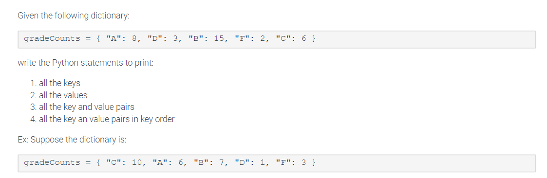 Solved Given the following dictionary: gradeCounts | Chegg.com