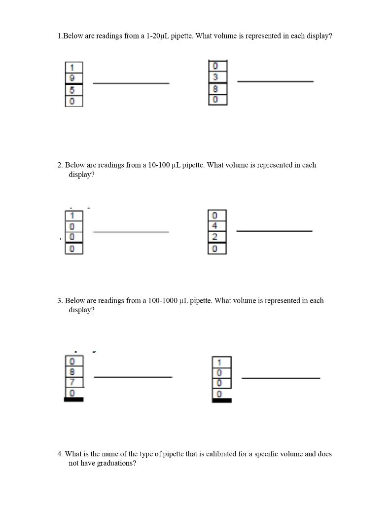 Solved 1.Below are readings from a 120µL pipette. What