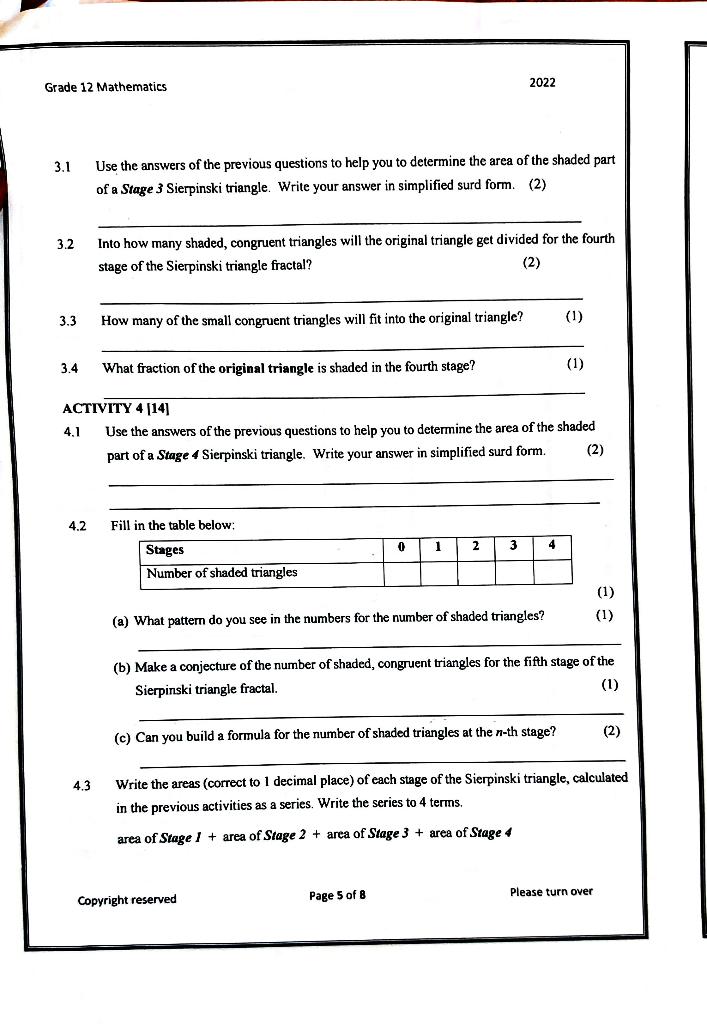 2022 Grade 12 Mathematics 7. Write neatly and legibly | Chegg.com