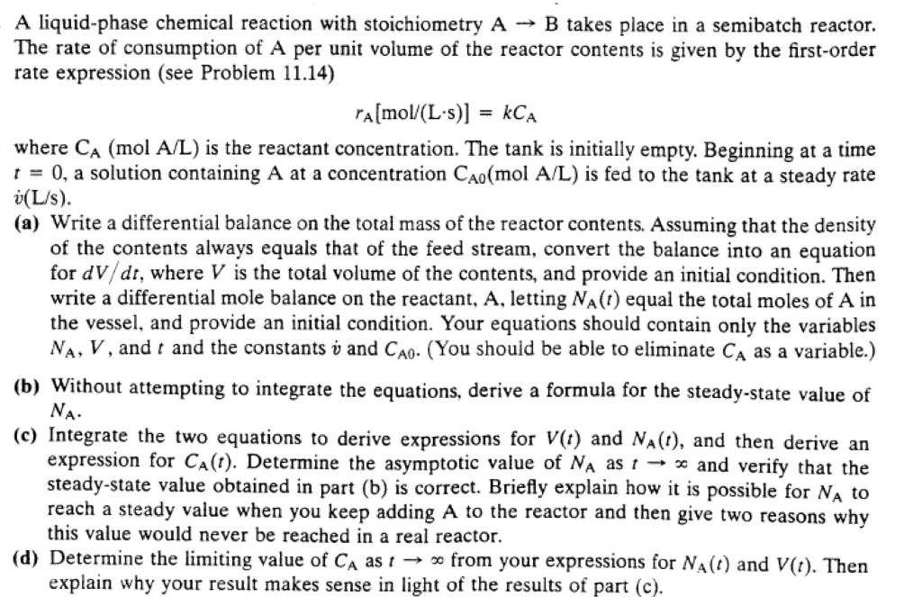 Solved A liquid-phase chemical reaction with stoichiometry A | Chegg.com
