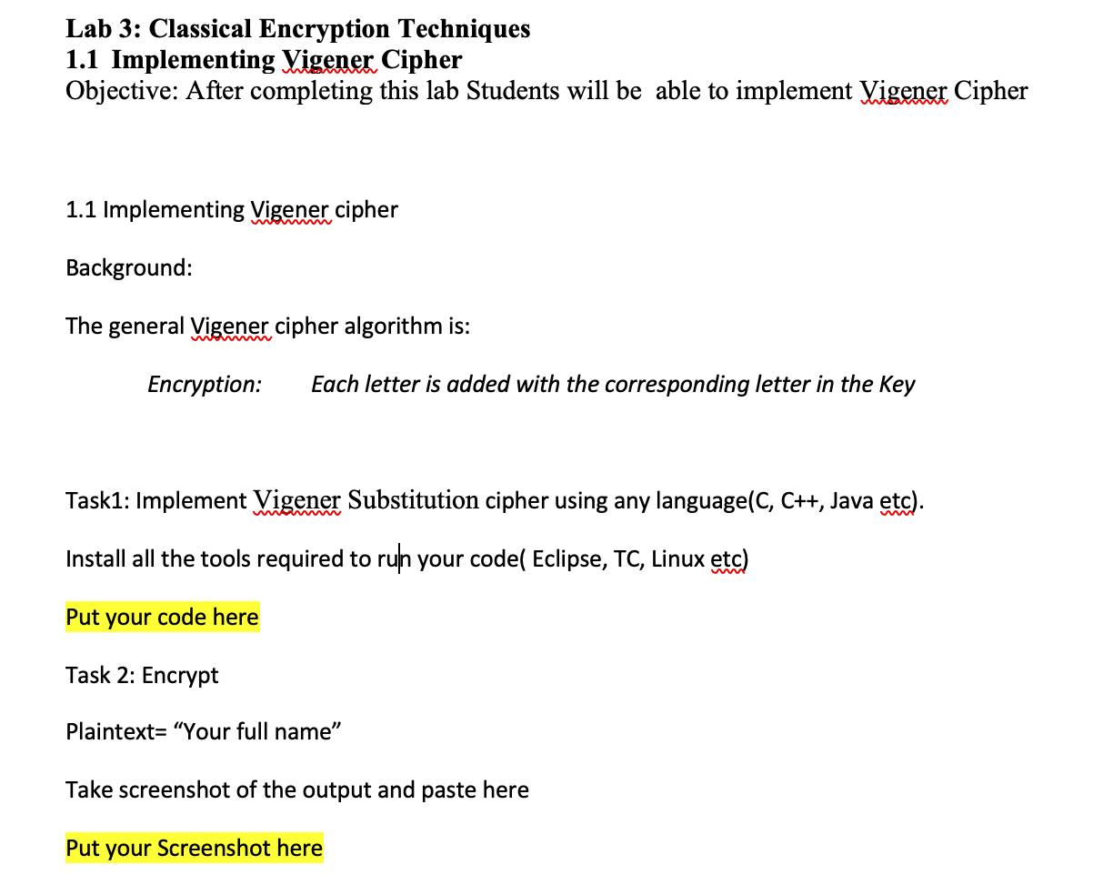 solved: write in java vigenere cipher encryption... Solved Lab 3: Classical Encryption Techniques 1.1 | Chegg.com