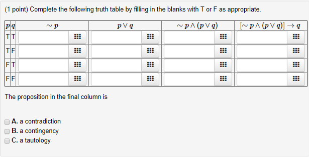 Solved 1 point) Complete the following truth table by | Chegg.com