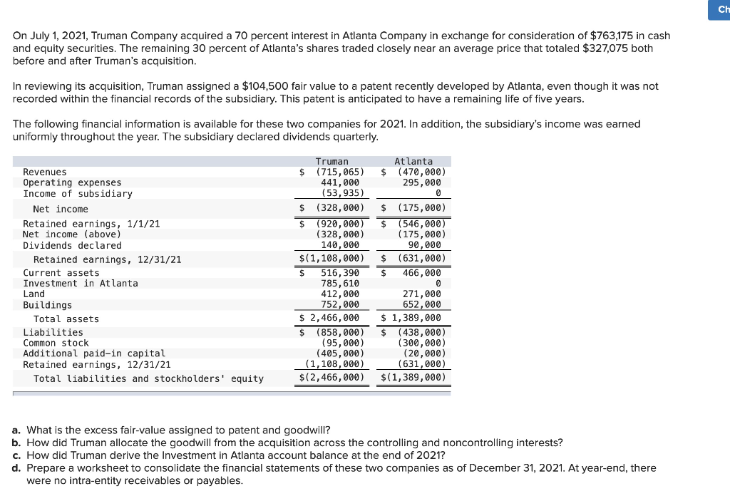 Solved CH On July 1, 2021, Truman Company acquired a 70