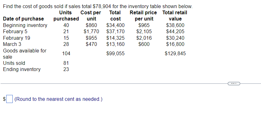 Solved Find the cost of goods sold if sales total $78,904 | Chegg.com