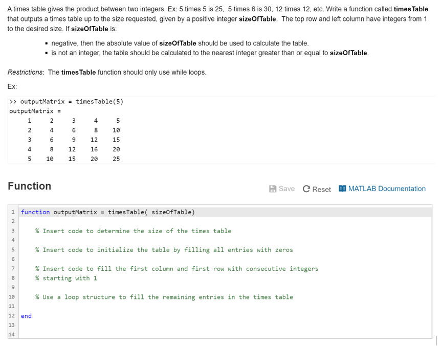 Solved A Times Table Gives The Product Between Two Intege