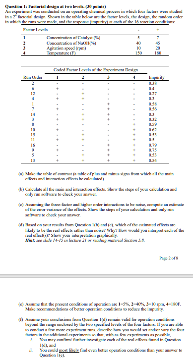 Solved Question 1: Factorial design at two levels. (30 | Chegg.com