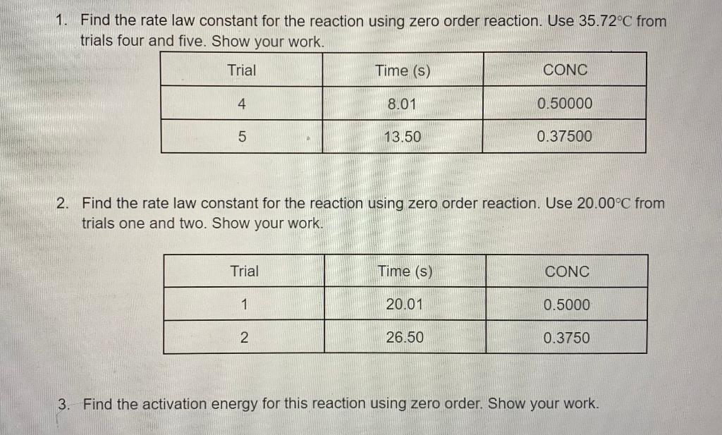 Solved 1. Find the rate law constant for the reaction using | Chegg.com