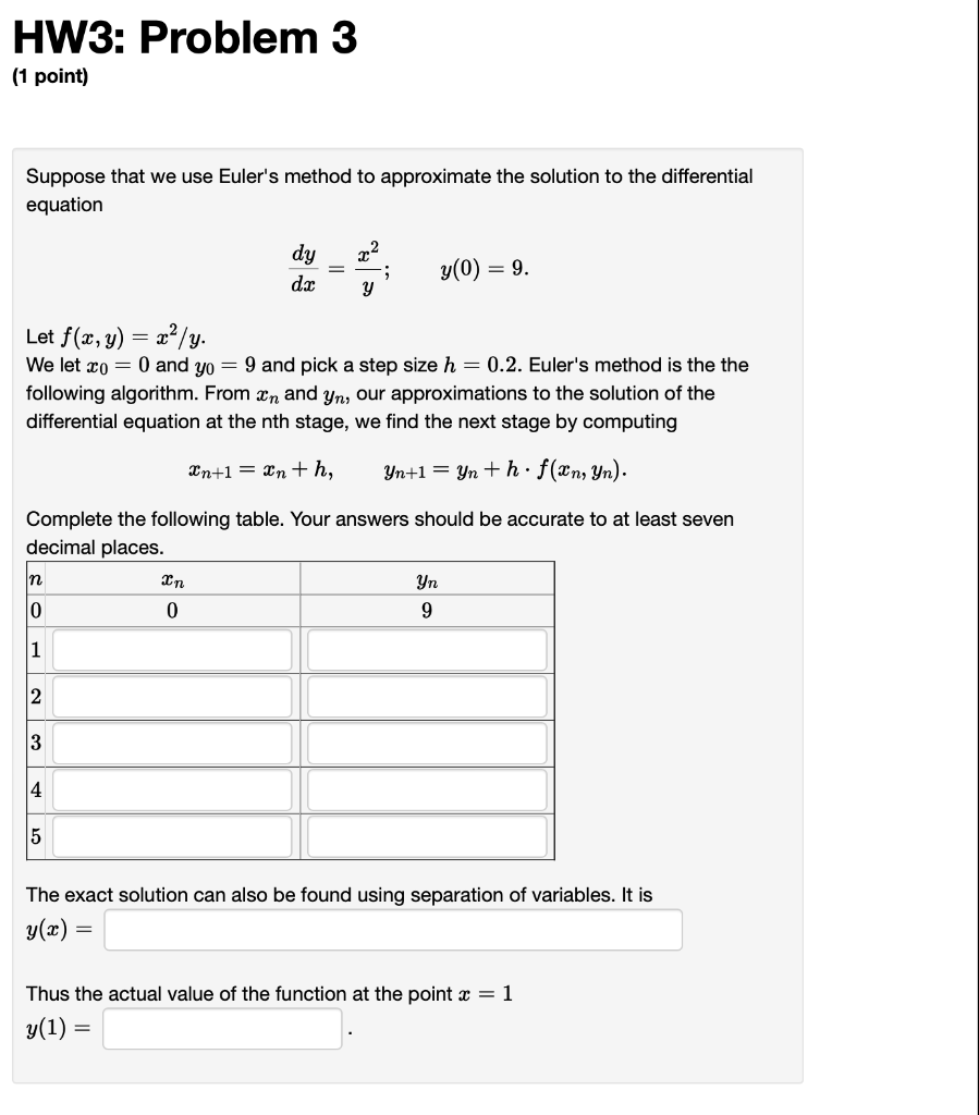 Solved HW3: Problem 3 (1 point) Suppose that we use Euler's | Chegg.com