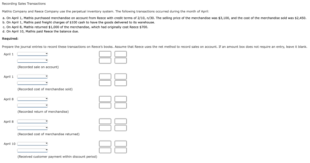 Solved Recording Sales Transactions Mathis Company And Reece 