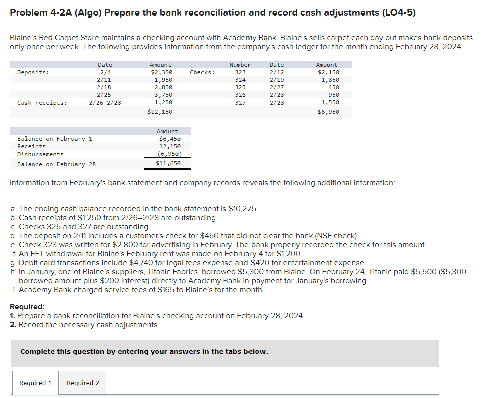 Solved Problem 4-2A (Algo) Prepare The Bank Reconciliation | Chegg.com