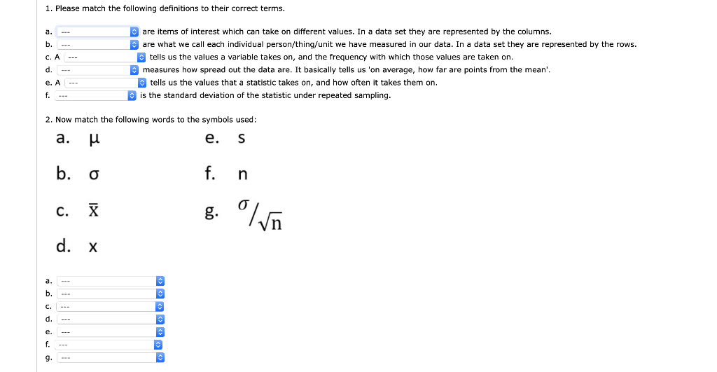 Solved 1. Please match the following definitions to their | Chegg.com
