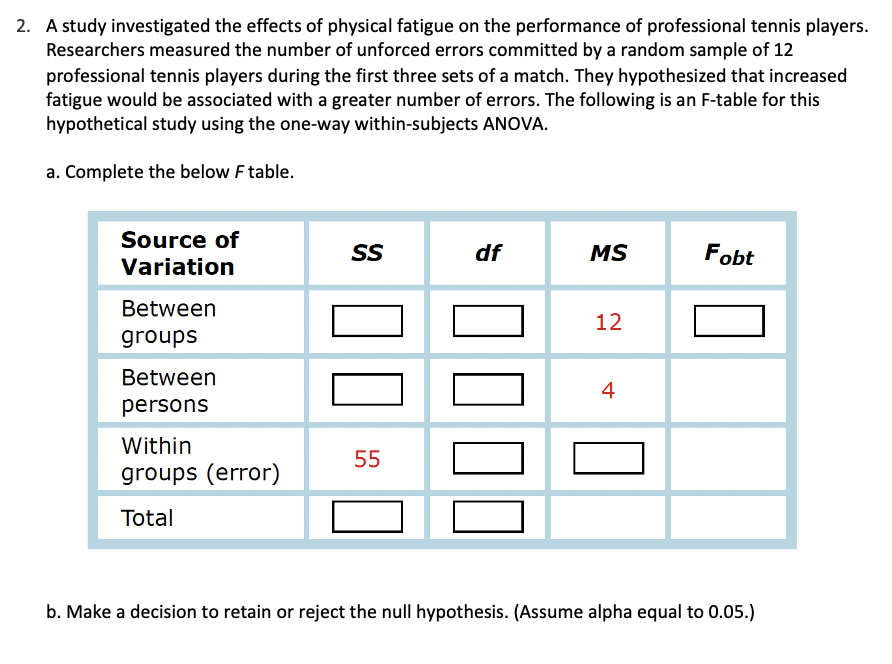 Solved A study investigated the effects of physical fatigue | Chegg.com