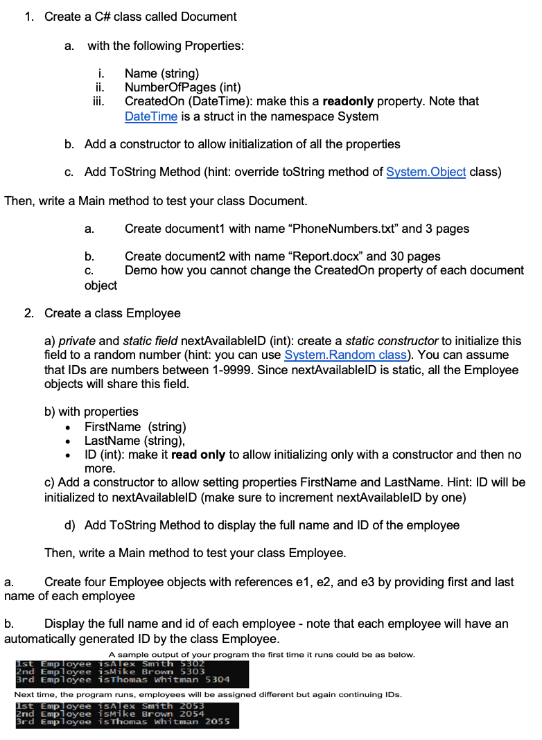 Solved 1. Create a C# class called Document a. with the | Chegg.com