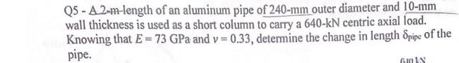 Solved Q5 - A 2-m-length Of An Aluminum Pipe Of 240−mm Outer | Chegg.com