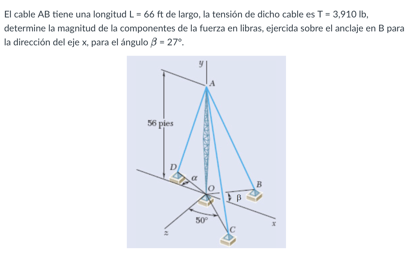 El cable \( A B \) tiene una longitud \( L=66 \mathrm{ft} \) de largo, la tensión de dicho cable es \( T=3,910 \mathrm{lb} \)