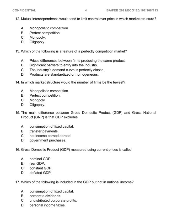 Solved CONFIDENTIAL BA/FEB 2021/ECO120/107/108/113 12. | Chegg.com