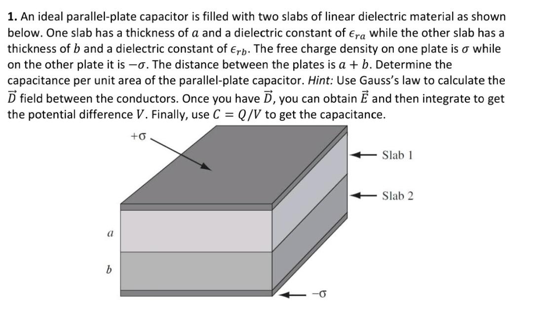 Solved 1. An ideal parallel-plate capacitor is filled with | Chegg.com