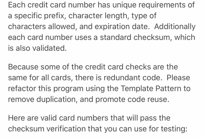 Template Assignment Credit Card Validation program: | Chegg.com