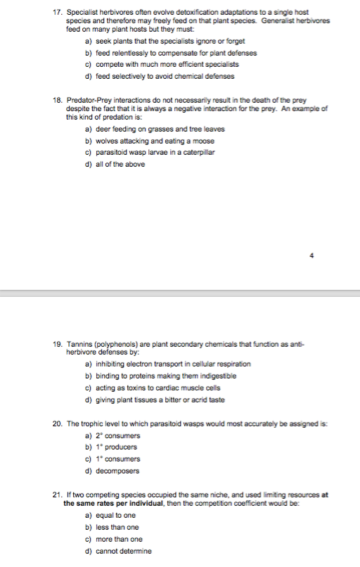 Solved 17. Specialist herbivores often evolve detoxification | Chegg.com