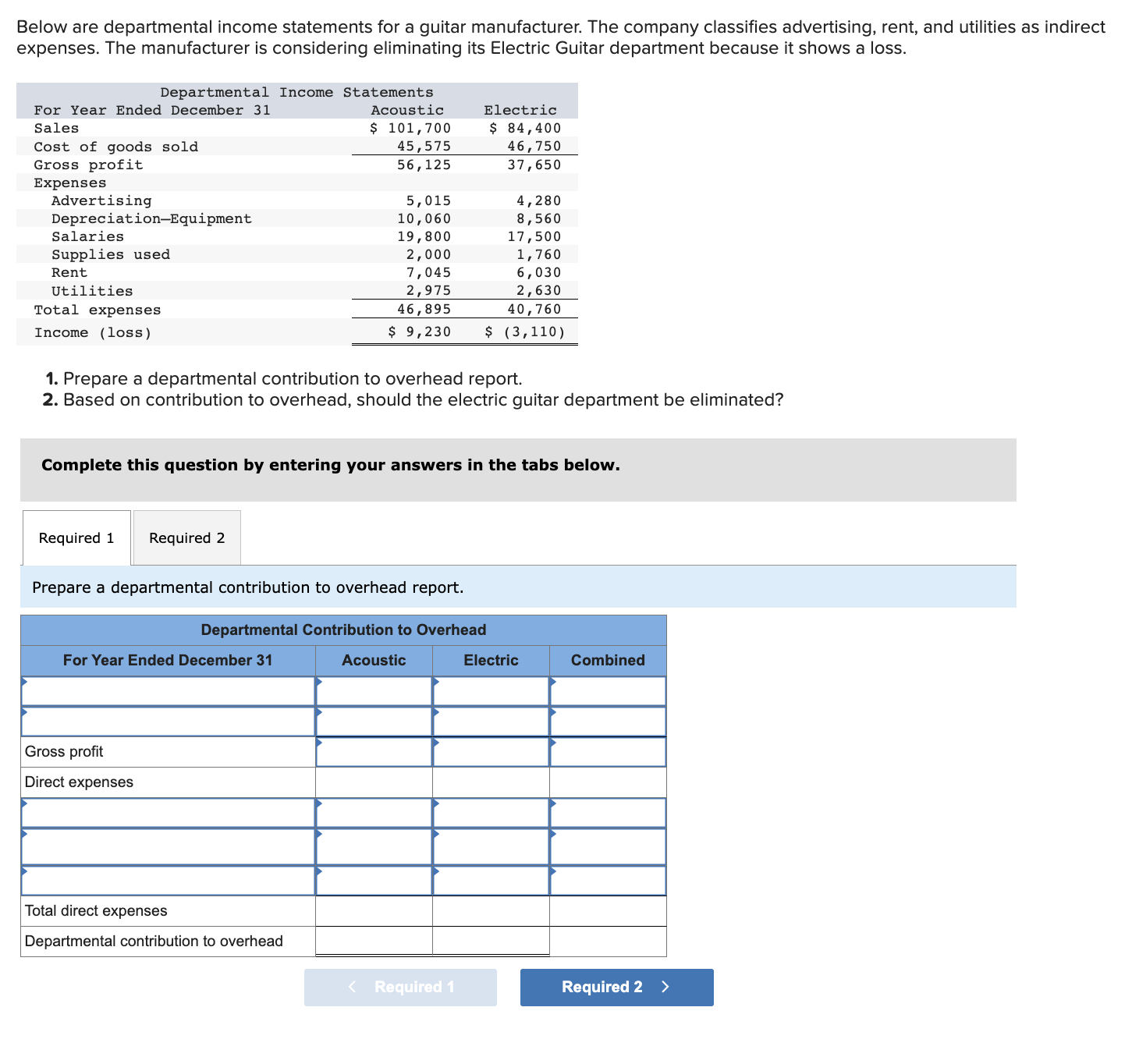 Solved Below are departmental income statements for a guitar | Chegg.com