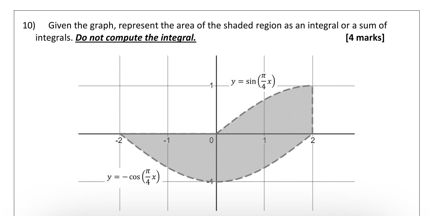 10) Given the graph, represent the area of the shaded region as an integral or a sum of integrals. Do not compute the integra