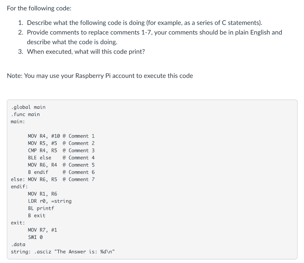 Solved For the following code: 1. Describe what the | Chegg.com