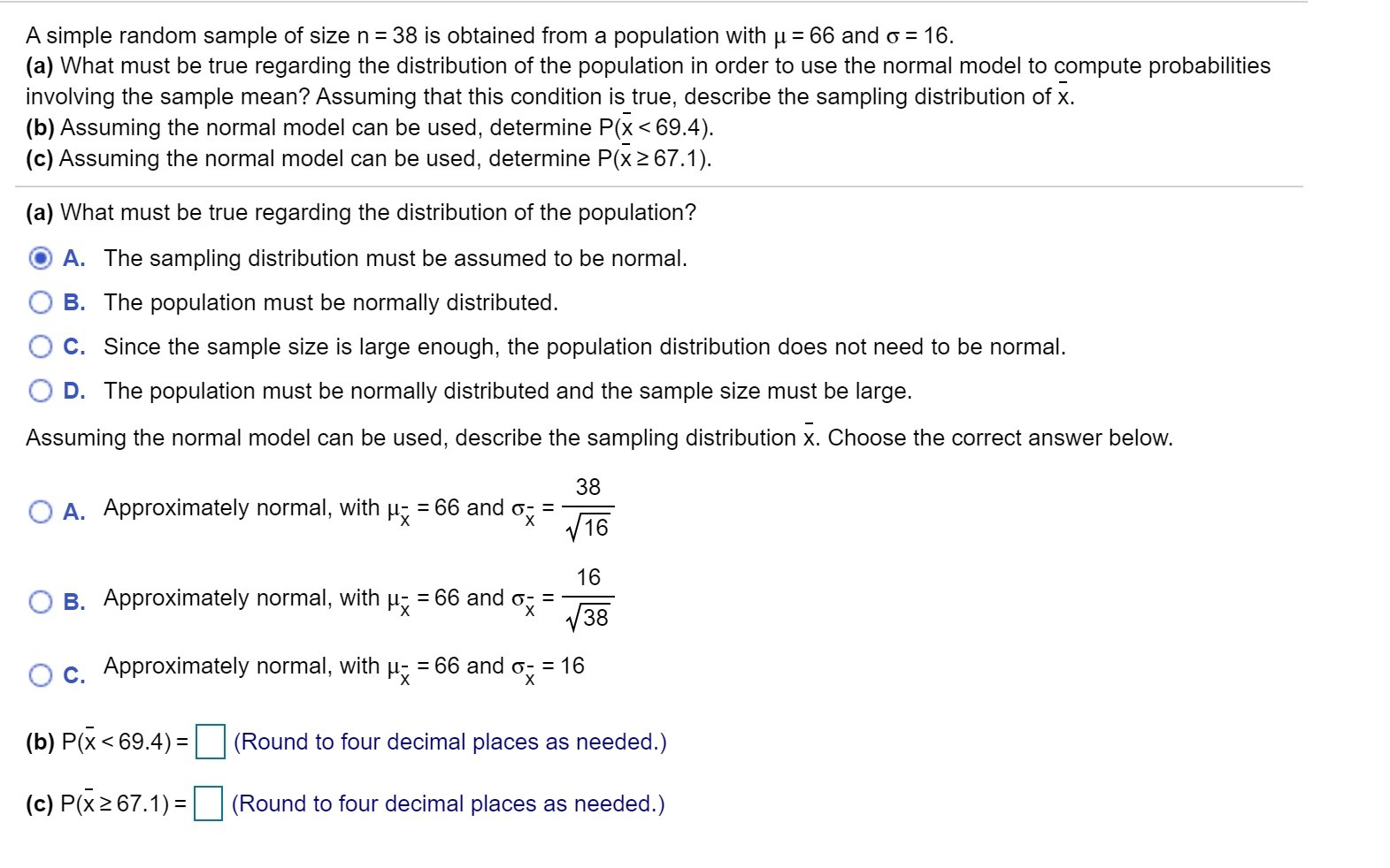 Solved A simple random sample of size n= 38 is obtained from | Chegg.com