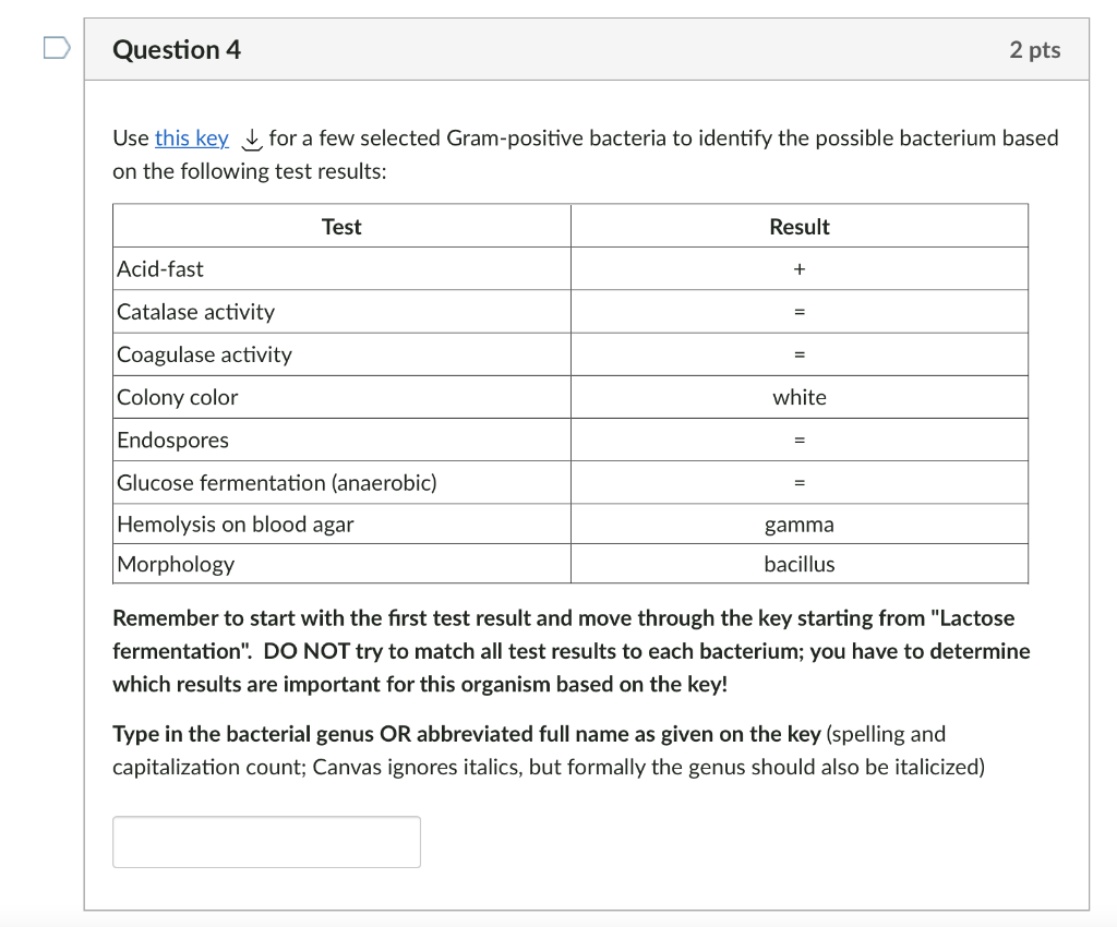Solved Dichotomous key for some Gram-positive bacteria Cell | Chegg.com